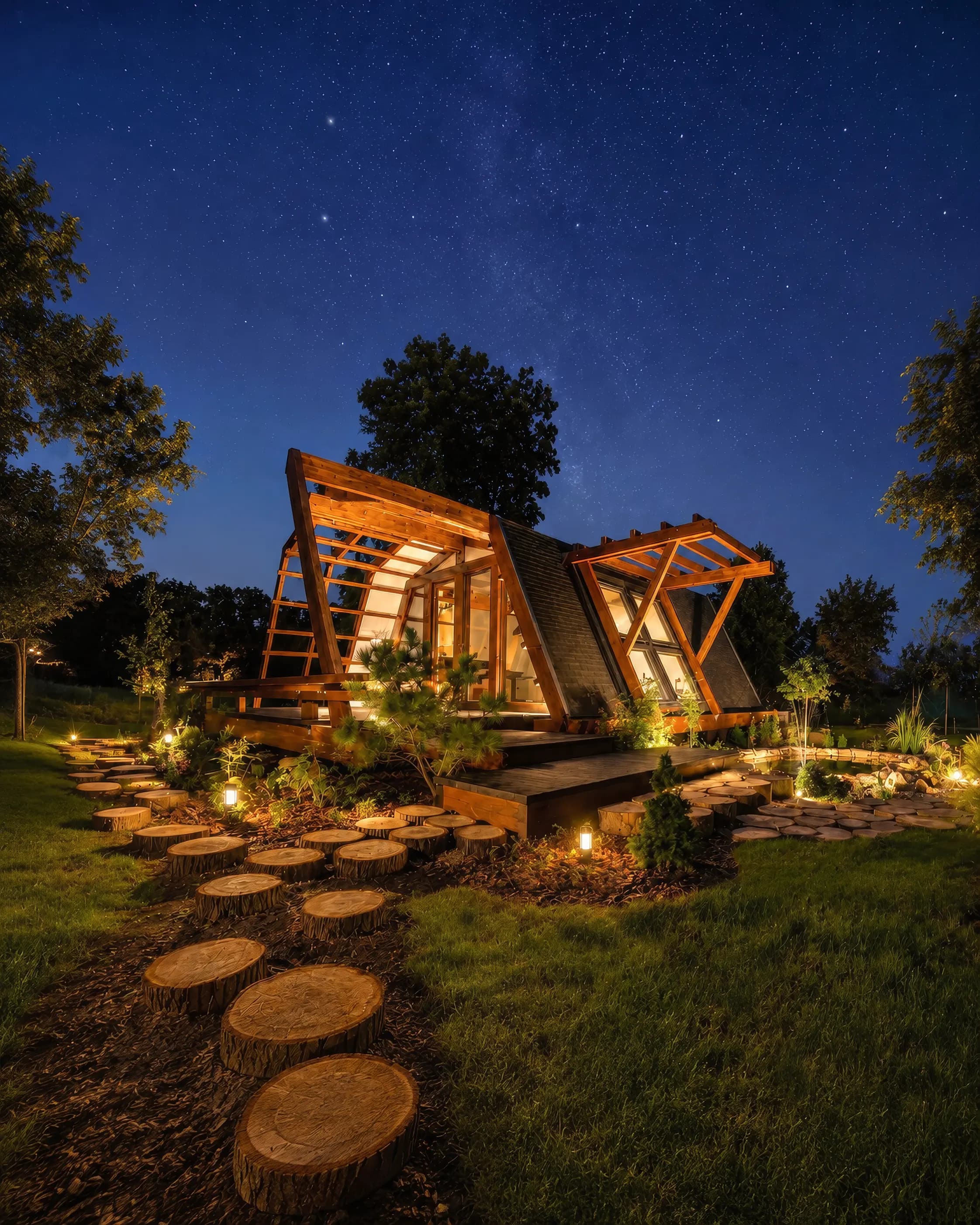 A completed Soleta home glowing at night, framed by trees with a lit garden path leading to the entrance.